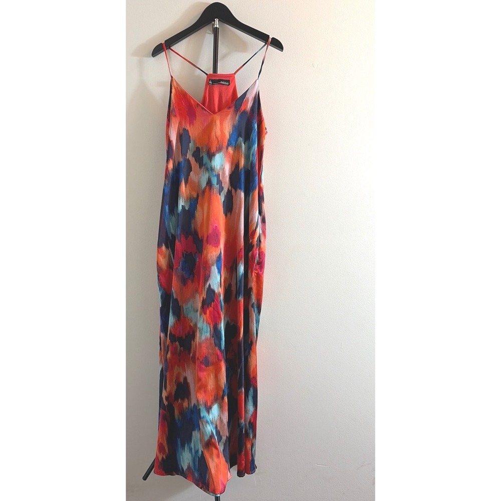 Chetta B Womens Abstract Watercolor Maxi Dress Orange Blue Sleeveless Size S